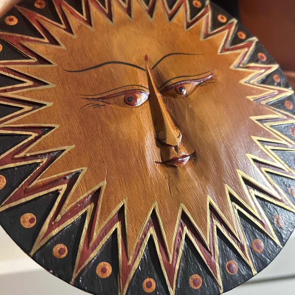 Vtg 90s Handcrafted 7.75" Sun Face Ornament - Brown and Black Celestial